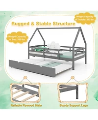 Wooden House Frame Bed with Trundle and Guard Rails for Toddlers or Kids