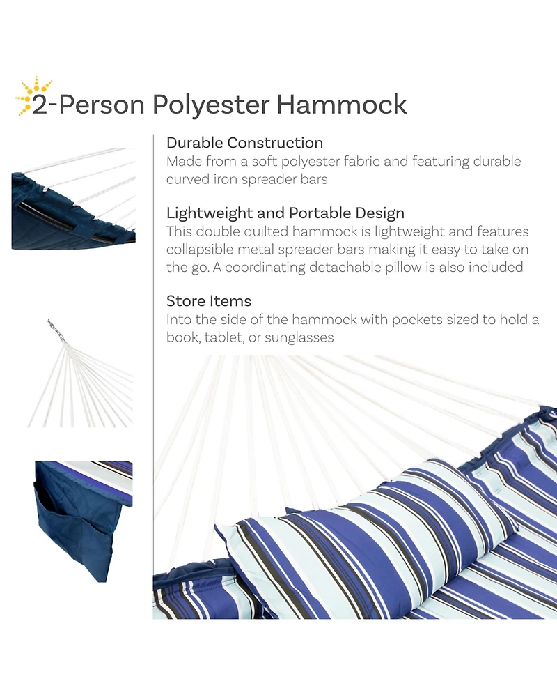 Outdoor Quilted Double Hammock with Pillow and Curved Metal Spreader Bars