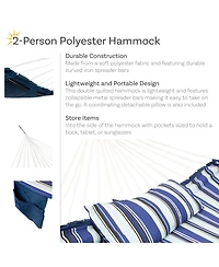 Outdoor Quilted Double Hammock with Pillow and Curved Metal Spreader Bars