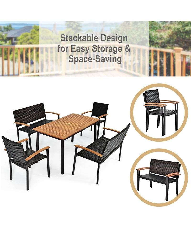 Gymax 5PCS Rattan Outdoor Dining Set Patio Furniture Set w/ Wooden Tabletop