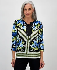 Jm Collection Petite Printed Lace-Up 3/4-Sleeve Top, Exclusively at Macy's
