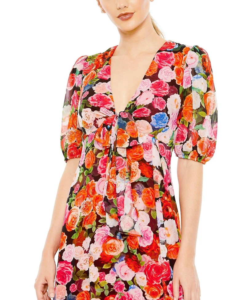 Mac Duggal Women's Floral Print Front Tie Puff Sleeve Flowy Midi Dress
