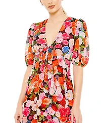 Mac Duggal Women's Floral Print Front Tie Puff Sleeve Flowy Midi Dress