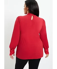 June + Vie Women's Lace Yoke Mockneck Top