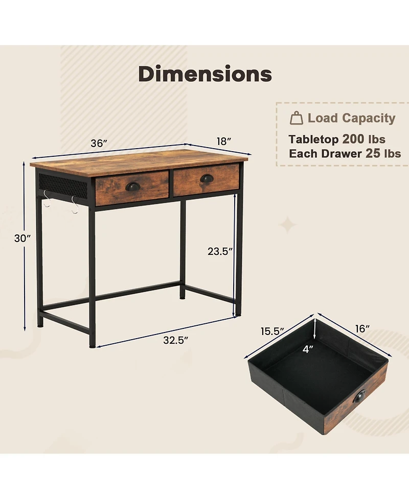 Space-Saving Home Office Desk with 2 Fabric Drawers and 4 Hanging Hooks for Organized Workspace
