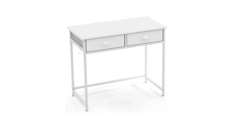 Space-Saving Home Office Desk with 2 Fabric Drawers and 4 Hanging Hooks for Organized Workspace