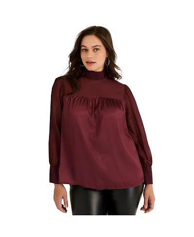 June + Vie Women's Satin Mockneck Blouse