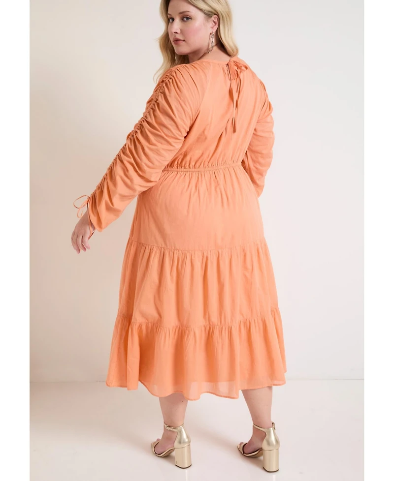 June + Vie Women's Cotton Voile Ruched Midi Dress