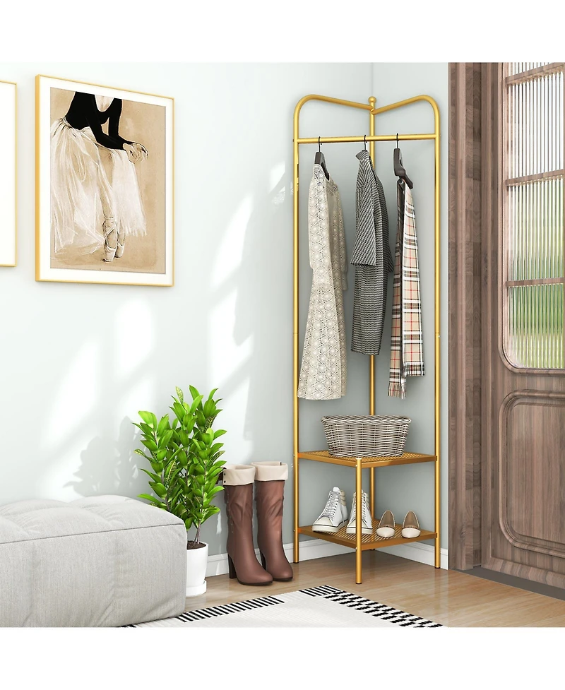 Corner Coat Rack with Top Hanger and 2 Mesh Shelves for Entryway, Hallway, Living Room, or Bedroom Storage