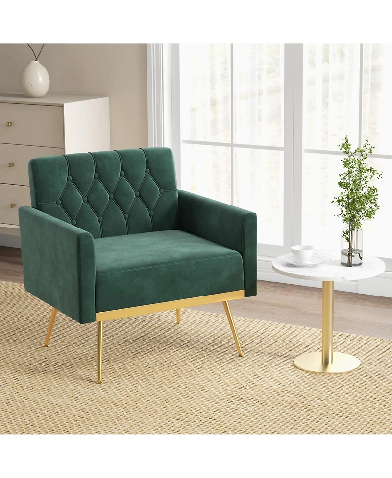 Modern Velvet Accent Chair with Button Tufted Back Metal Legs and Adjustable Foot Pads