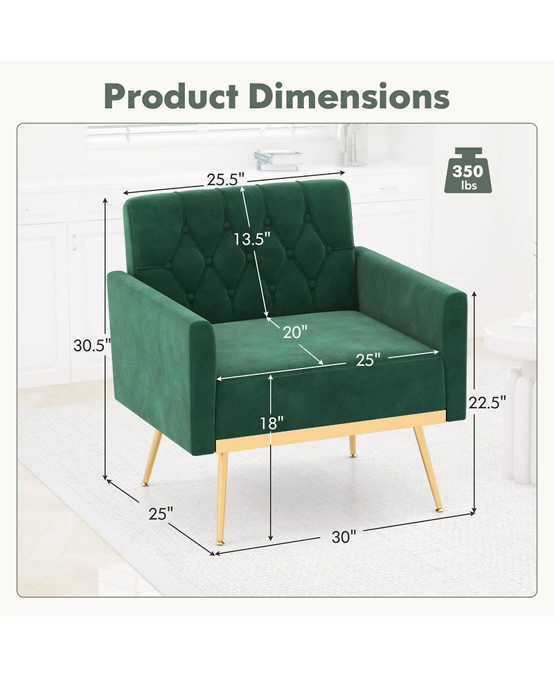 Modern Velvet Accent Chair with Button Tufted Back Metal Legs and Adjustable Foot Pads
