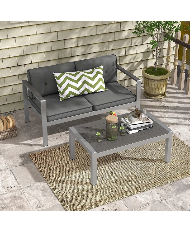 2 Pcs Patio Aluminum Sofa Set Coffee Table Cushioned Loveseat Wpc Armrests