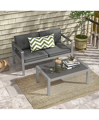 2 Pcs Patio Aluminum Sofa Set Coffee Table Cushioned Loveseat Wpc Armrests