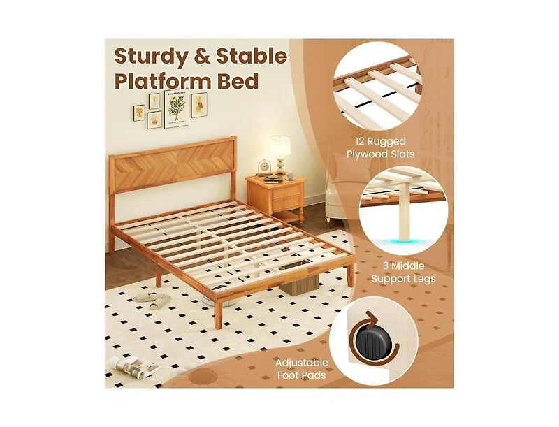 Bed Frame with Built-In Headboard and Storage Compartments