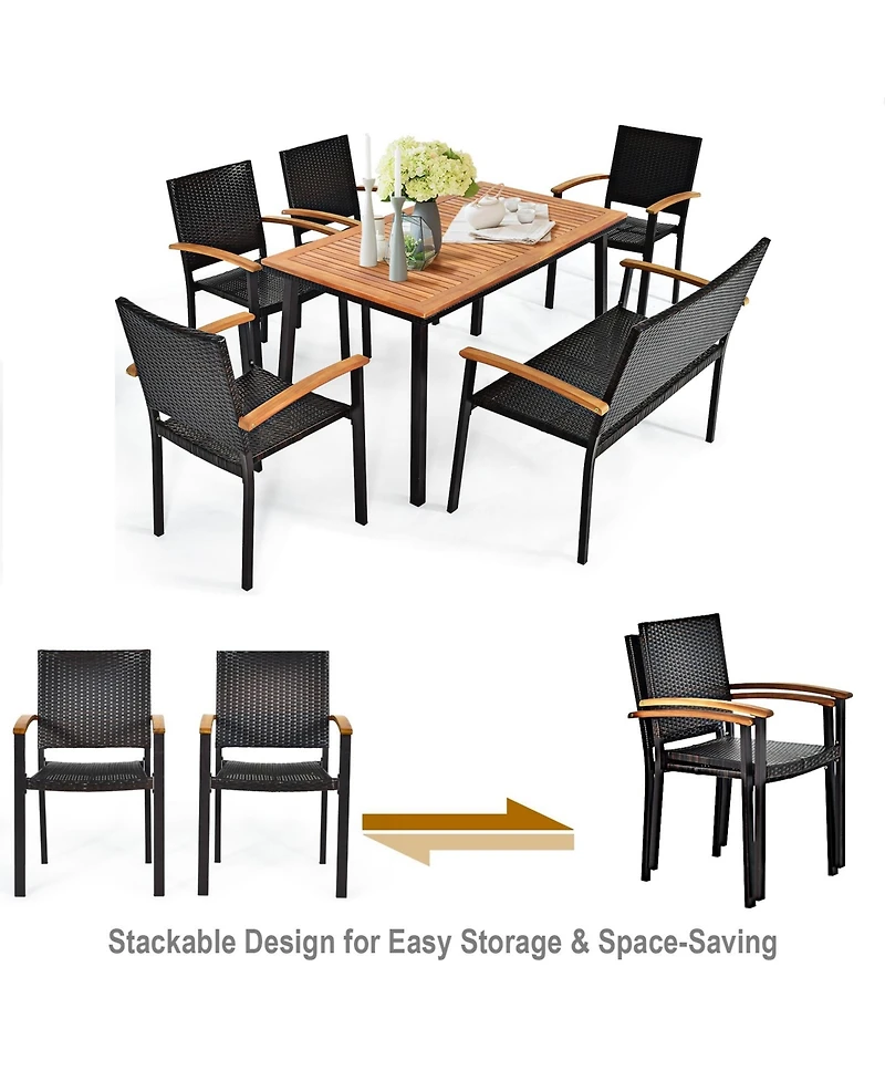Gymax 6PCS Rattan Outdoor Dining Set Patio Furniture Set w/ Wooden Tabletop