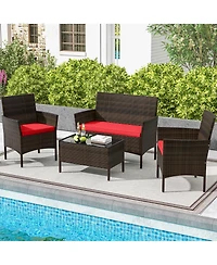 Gymax 4 Pcs Patio Furniture Set w/Washable Cushions & Tempered Glass Coffee Table