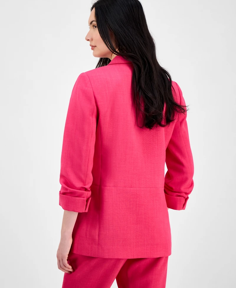 T Tahari Women's Ruched-Sleeve Open-Front Blazer