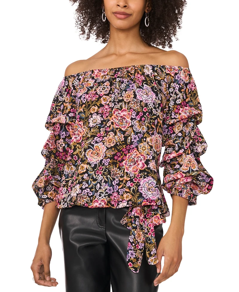 Vince Camuto Women's Floral Off-The-Shoulder Bubble 3/4-Sleeve Tie-Front Blouse