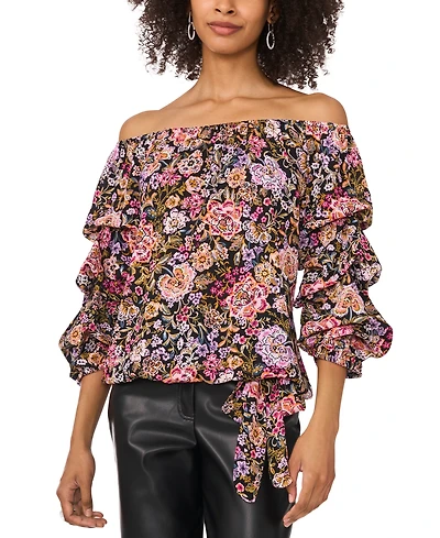 Vince Camuto Women's Floral Off-The-Shoulder Bubble 3/4-Sleeve Tie-Front Blouse