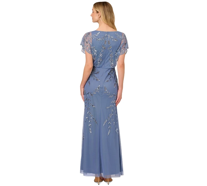 Papell Studio Women's Beaded Flutter-Sleeve Blouson Gown