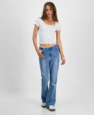 Tinseltown Juniors' Mid-Rise Raw-Waistband Flare-Leg Jeans