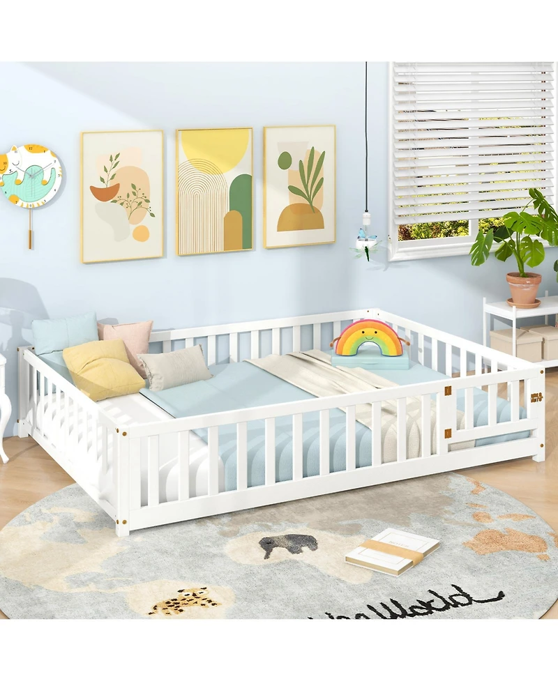 Montessori Bed Frame with Full-length Guardrails Safety Door and Latch