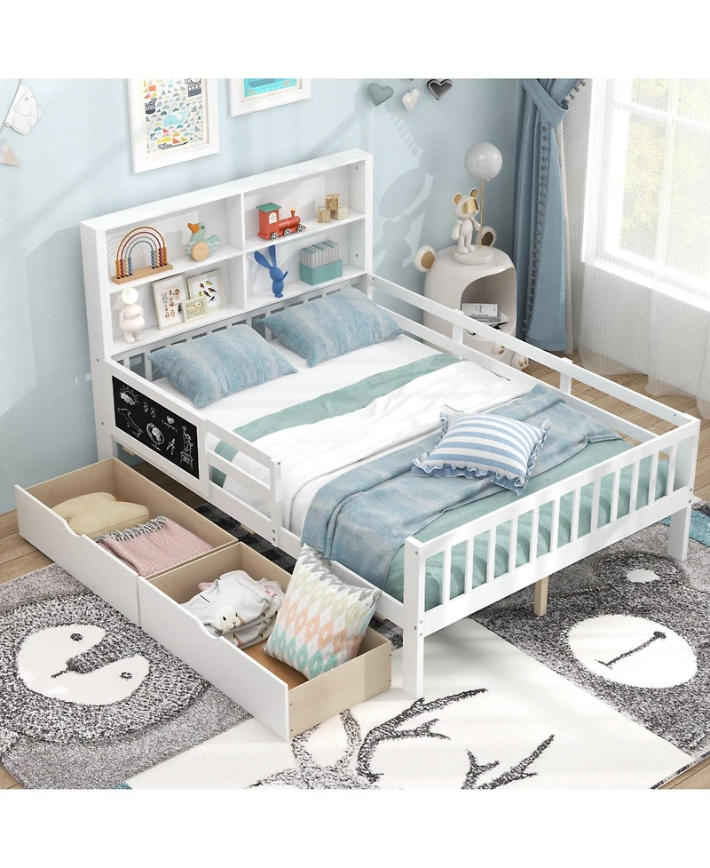 Bed Frame with 2 Drawers and Bookcase for Boys and Girls-Full Size