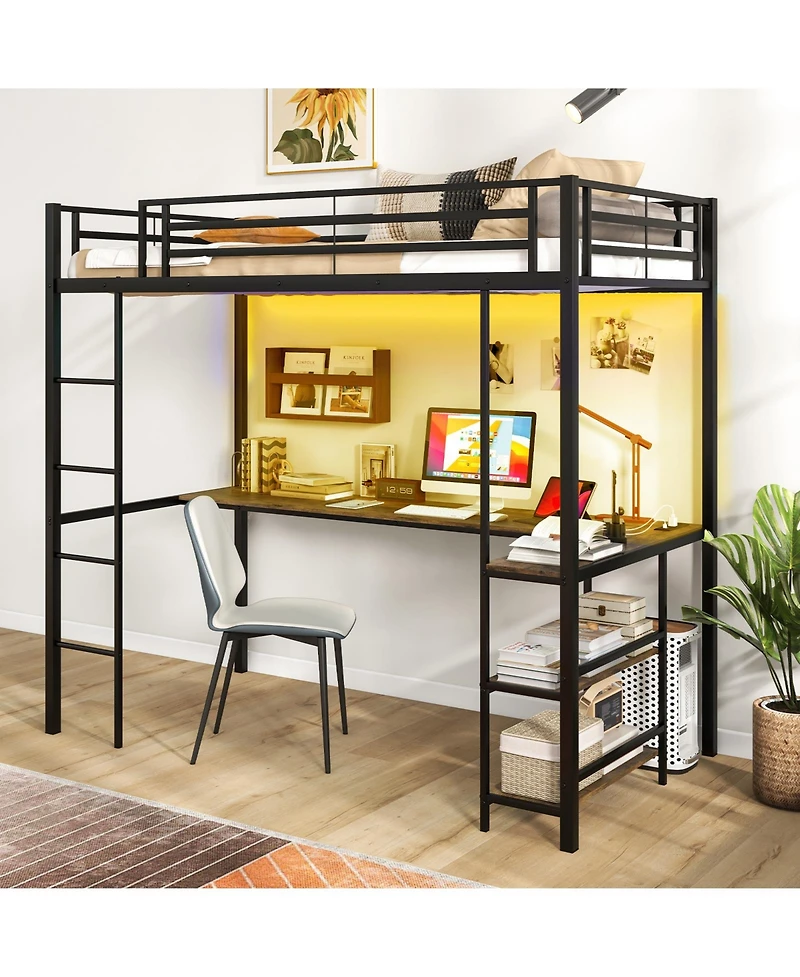 Loft Bed Raised Platform Bed with Desk and 2 Storage Shelves