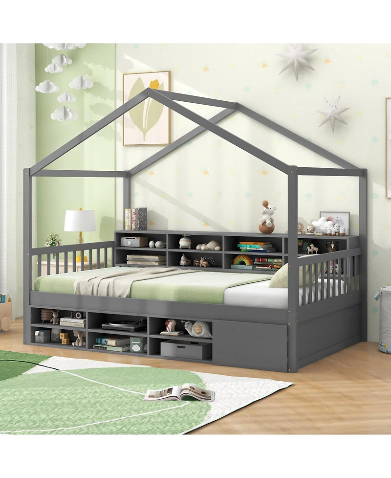 Kids' House Bed with Roof, 14 Storage Cubes, and Enclosed Cabinet for Bedroom