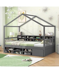 Kids' House Bed with Roof, 14 Storage Cubes, and Enclosed Cabinet for Bedroom