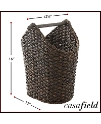 Casafield Toilet Paper Roll Holder Storage Basket with Wood Bar - Natural, Woven Water Hyacinth Wicker Bathroom Tissue Storage Organizer