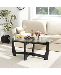 Oval Coffee Table with Tempered Glass Tabletop and Rubber Wood Legs