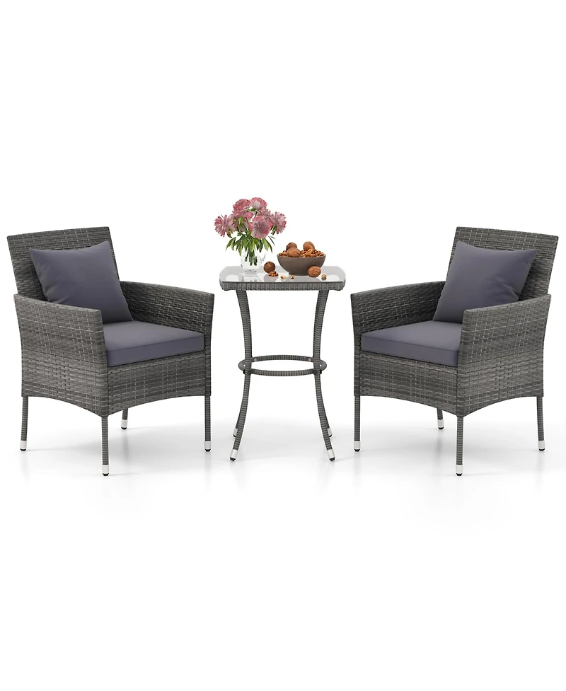 Gymax 3-Piece Patio Furniture Set Pe Wicker Conversation Bistro w/ A Tempered Glass Table