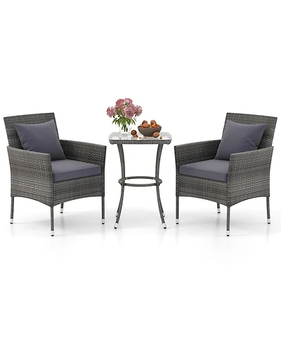 Gymax 3-Piece Patio Furniture Set Pe Wicker Conversation Bistro w/ A Tempered Glass Table