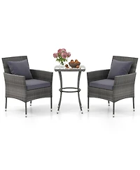 Gymax 3-Piece Patio Furniture Set Pe Wicker Conversation Bistro w/ A Tempered Glass Table