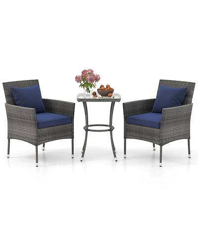 Gymax 3-Piece Patio Furniture Set Pe Wicker Conversation Bistro Set w/ A Tempered Glass Table