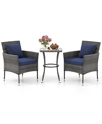 Gymax 3-Piece Patio Furniture Set Pe Wicker Conversation Bistro Set w/ A Tempered Glass Table