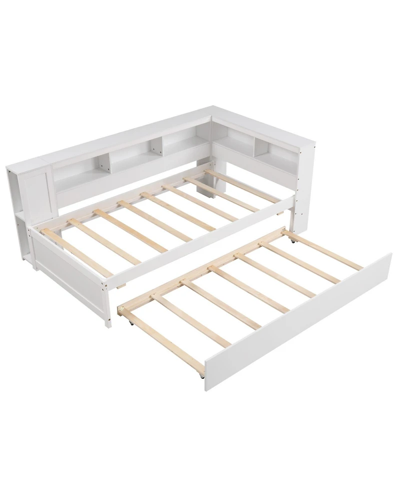 Daybed Platform Bed Frame with Trundle and Bedside Shelves