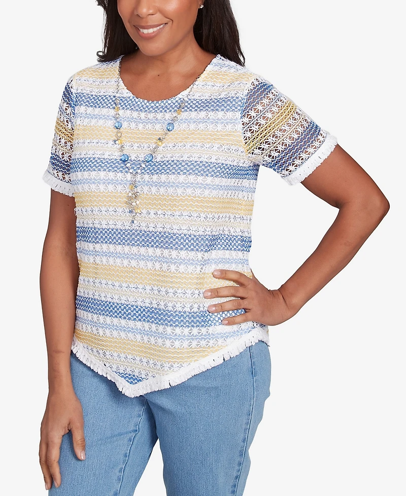 Alfred Dunner Women's Flower Power Textured Biadere Fringe Top with Necklace