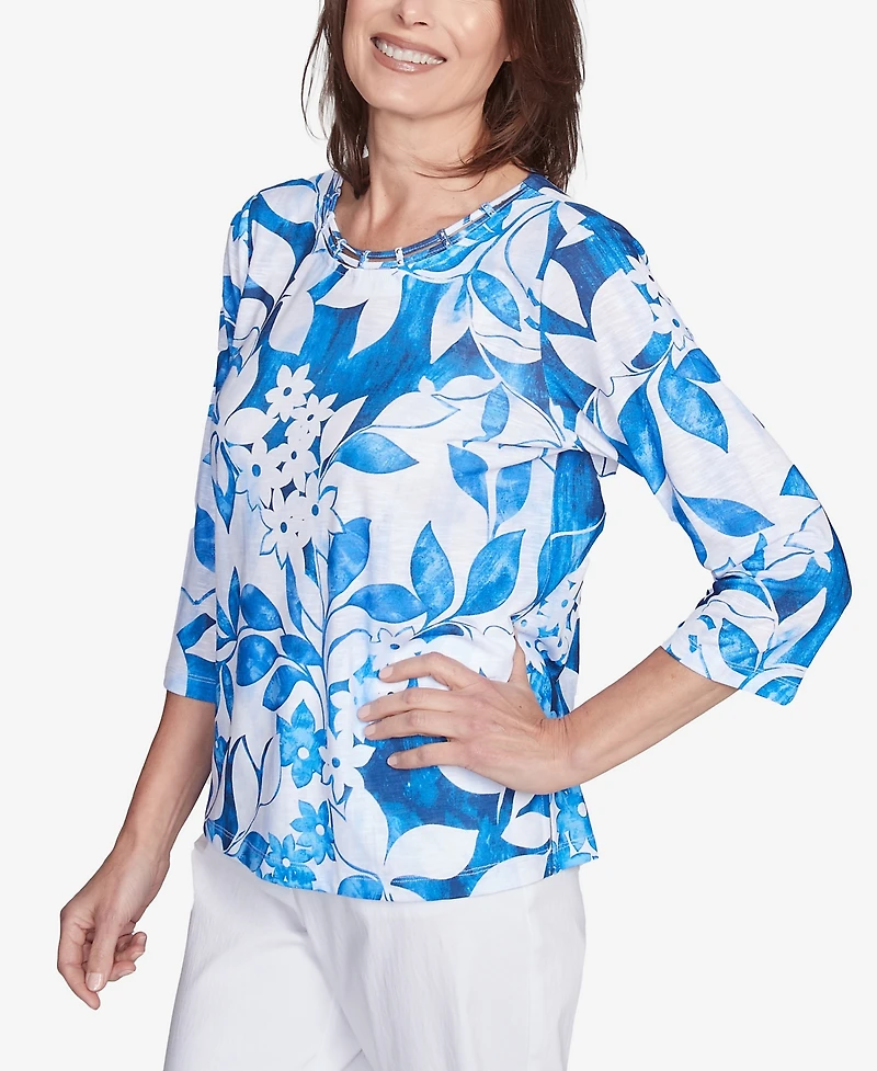Alfred Dunner Women's Parrot Cay Monotone Cobalt Floral Top