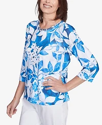 Alfred Dunner Women's Parrot Cay Monotone Cobalt Floral Top