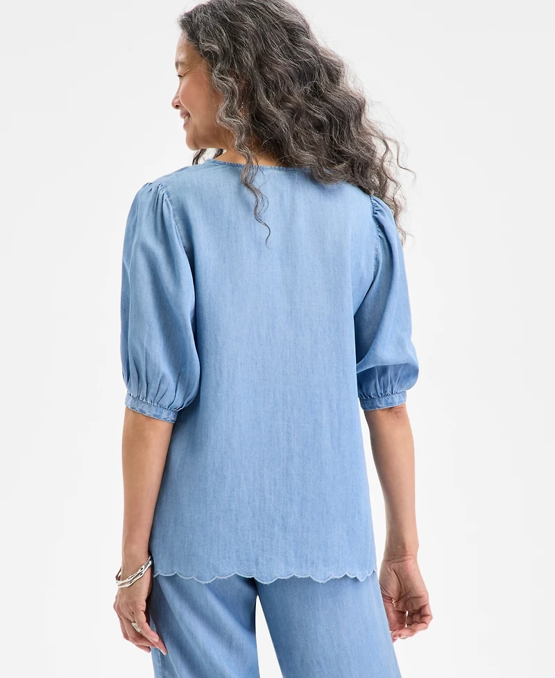 Style & Co Women's Chambray Embroidered Elbow-Sleeve Top, Exclusively at Macy's