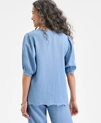 Style & Co Women's Chambray Embroidered Elbow-Sleeve Top, Exclusively at Macy's