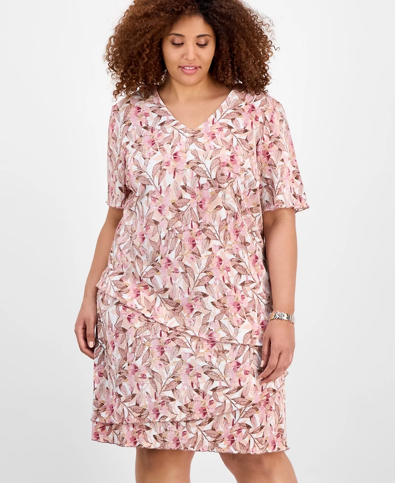 Connected Plus Size V-Neck Asymmetric-Tier Sheath Dress