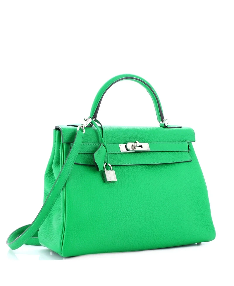 Pre-Owned HERMES Kelly 32 Handbag Green Clemence with Palladium Hardware