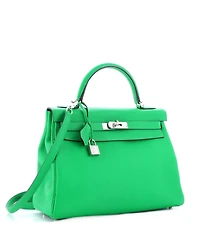 Pre-Owned HERMES Kelly 32 Handbag Green Clemence with Palladium Hardware