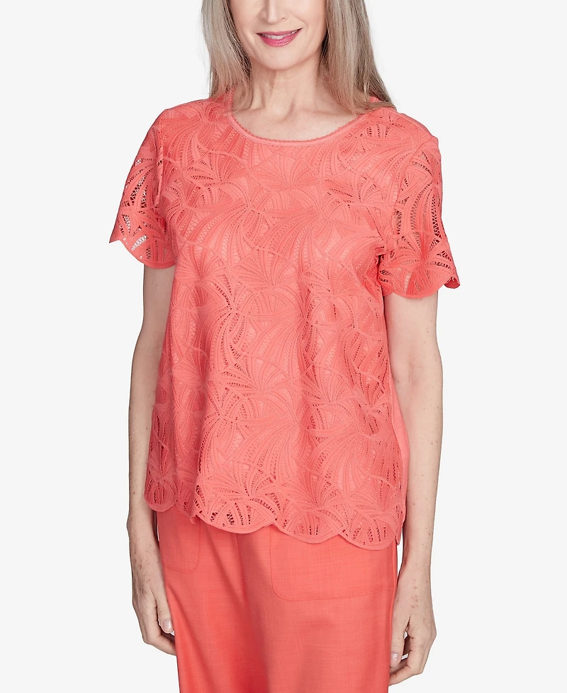 Alfred Dunner Petite Catalina Island Lace Trimmed Textured Top