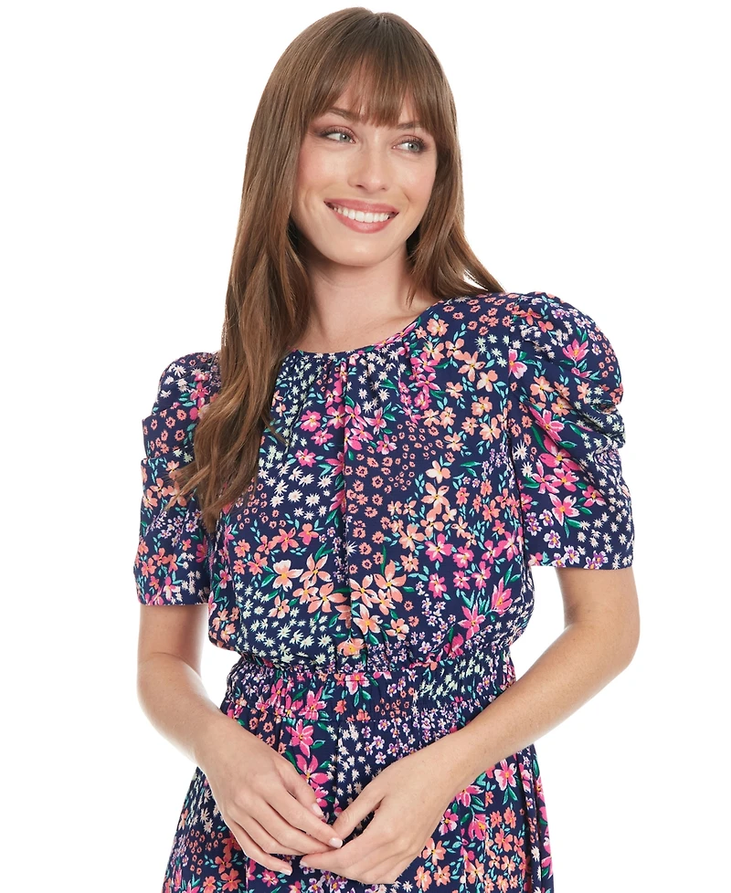 London Times Women's Printed Round-Neck A-Line Dress