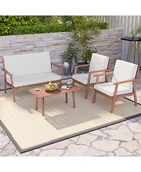 4 Piece Outdoor Acacia Wood Conversation Set with Soft Seat and Back Cushions