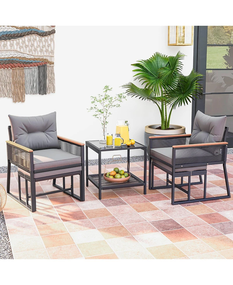5 Piece Outdoor Rattan Conversation Set with 2-Layer Side Table and 2 Ottomans